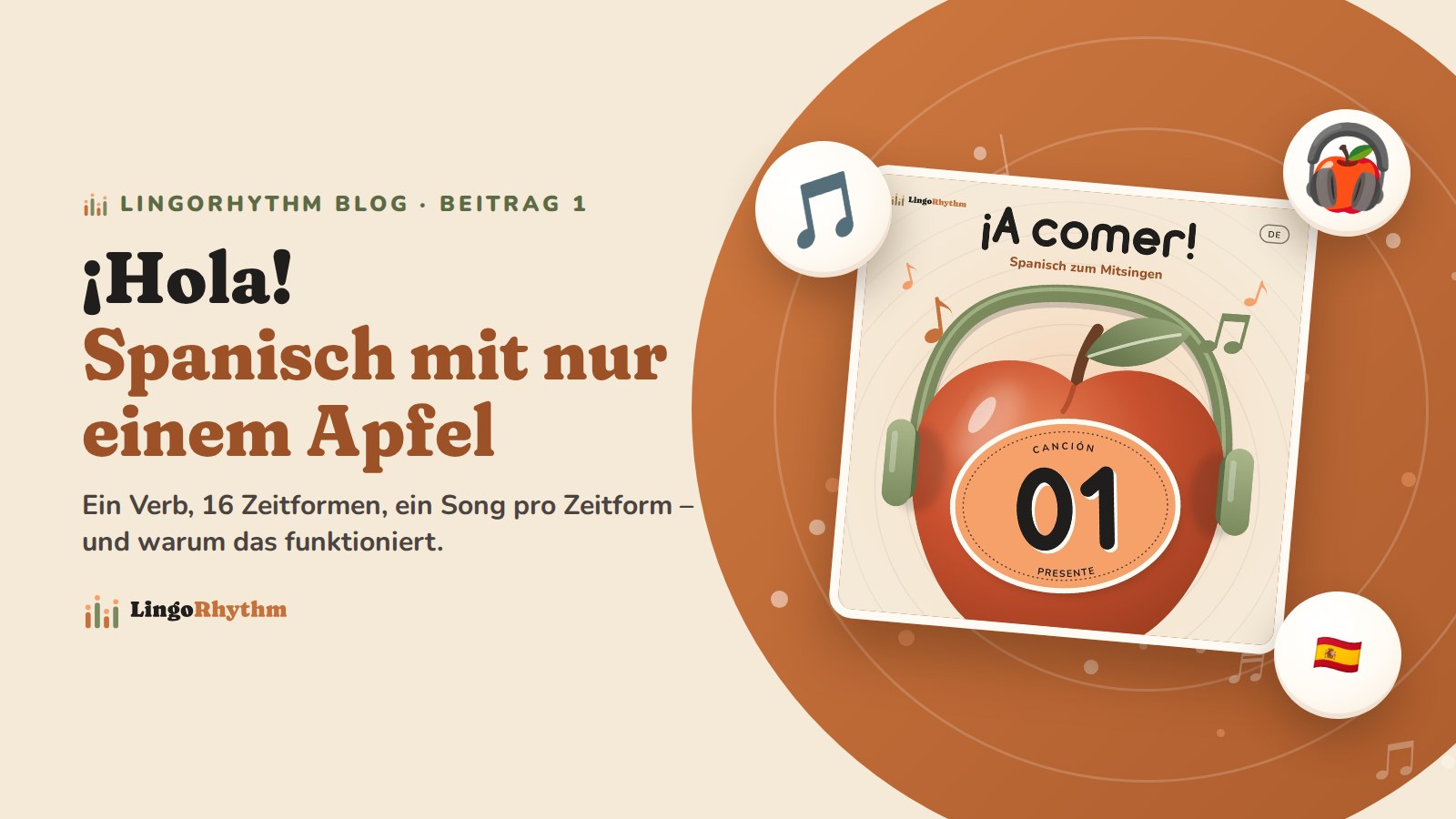 LingoRhythm Blogbeitrag 1: „¡Hola! Spanisch mit nur einem Apfel“. Ein Apfel mit Kopfhörern auf dem Songcover von ¡A comer!, Nummer 01, Presente.