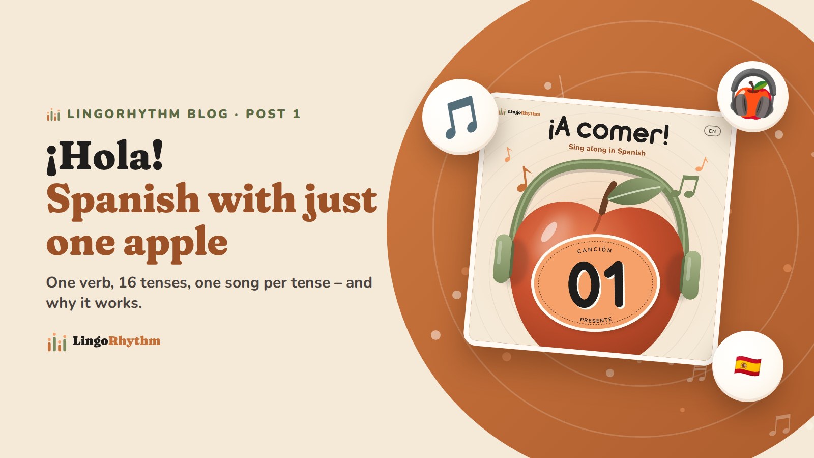 LingoRhythm blog post 1: “¡Hola! Spanish with just one apple”. An apple wearing headphones on the ¡A comer! song cover, number 01, Presente.